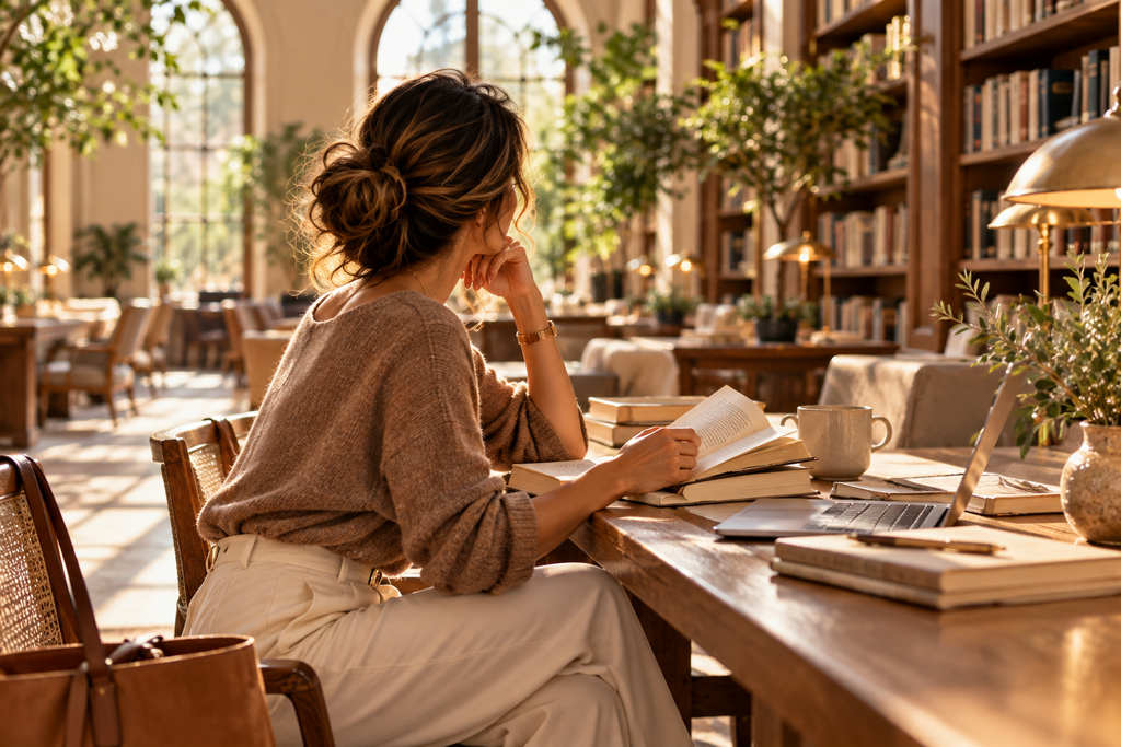 Woman reading at a wooden table in an elegant sunlit library
