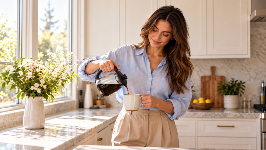 Woman preparing morning coffee in a bright modern kitchen