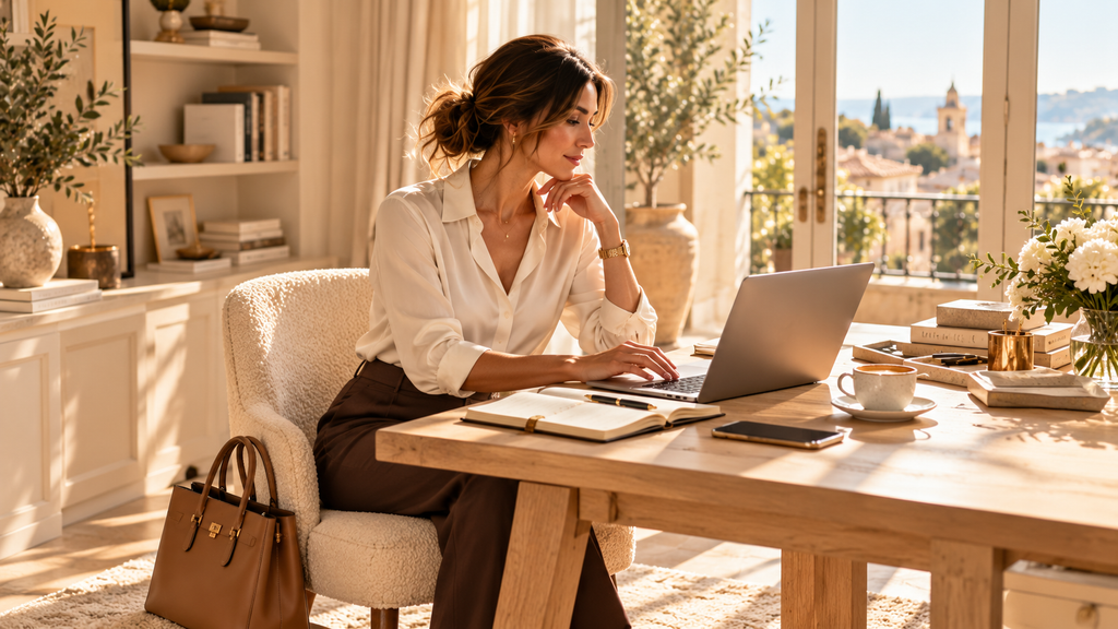 Woman working from a bright home office with a laptop and planner