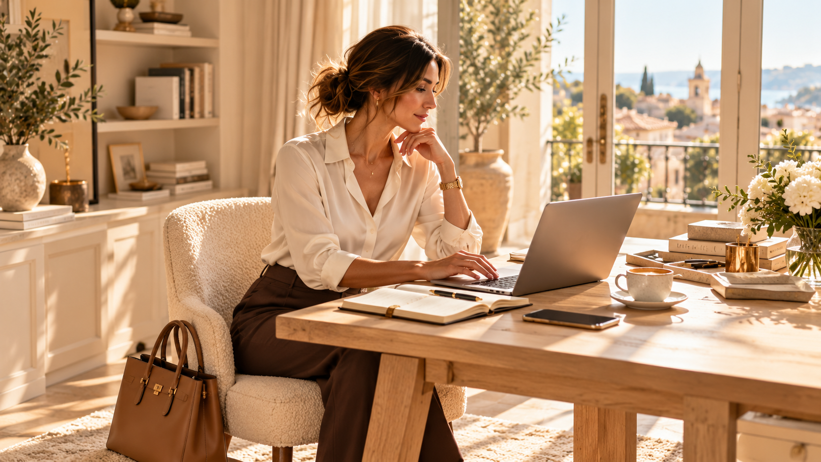 Woman working from a bright home office with a laptop and planner