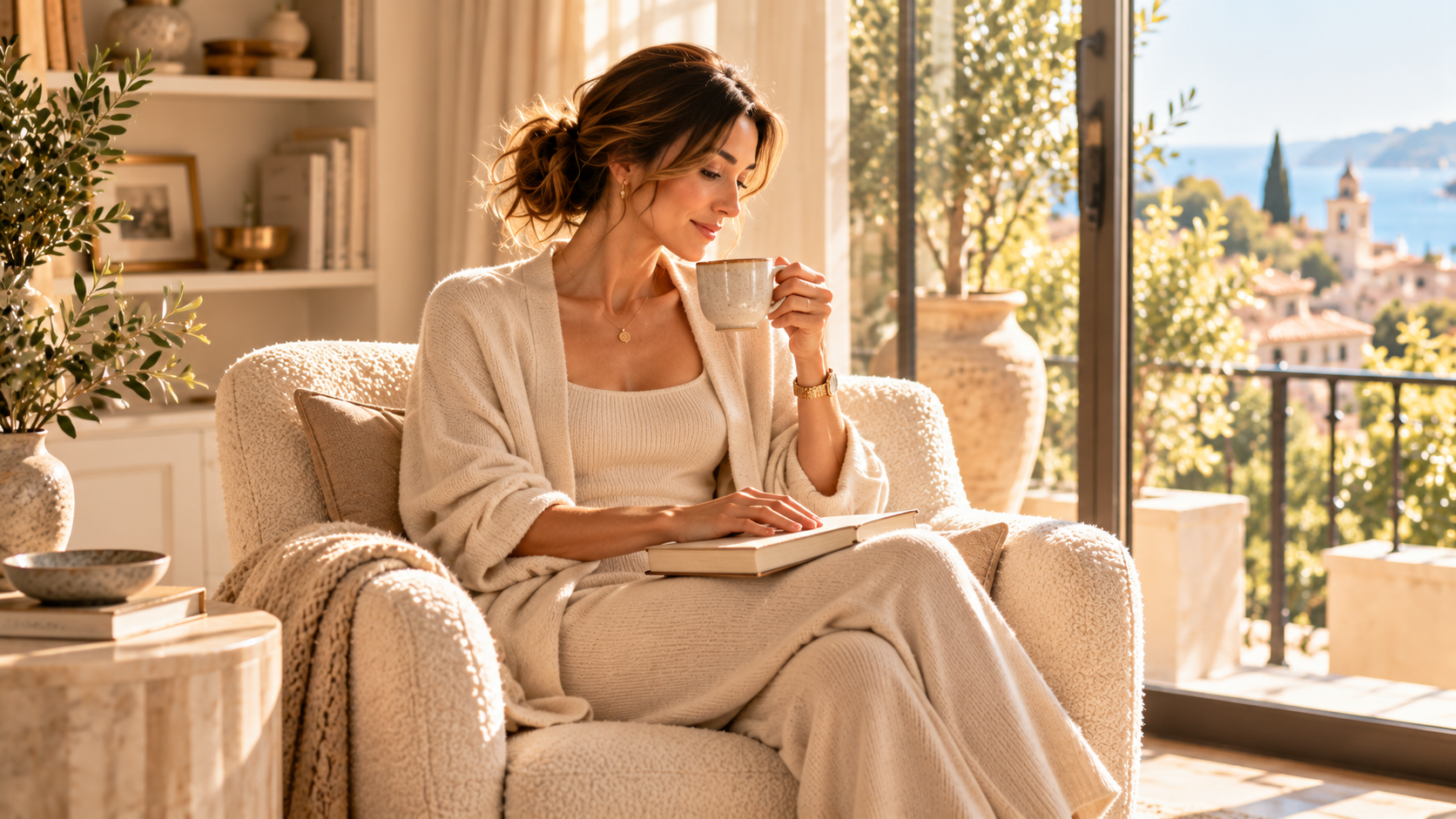 Woman enjoying a quiet morning with coffee and a book by the window