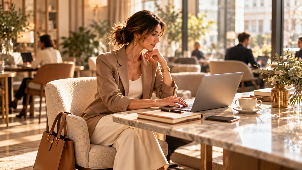 Woman working on a laptop in an elegant urban café