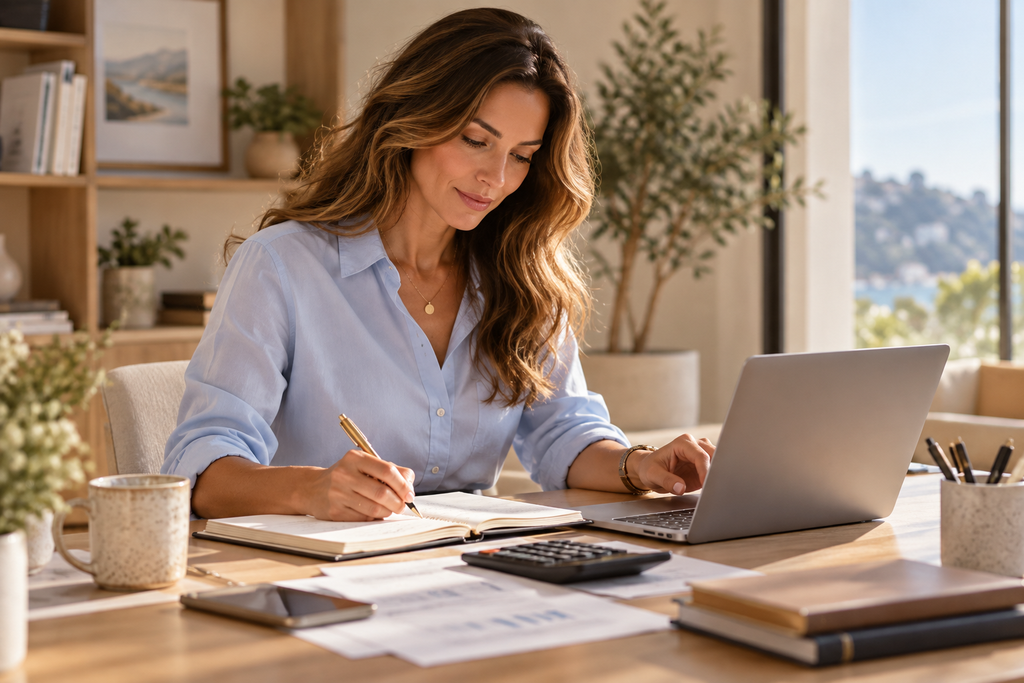 Woman reviewing finances at a bright desk with a laptop and notebook
