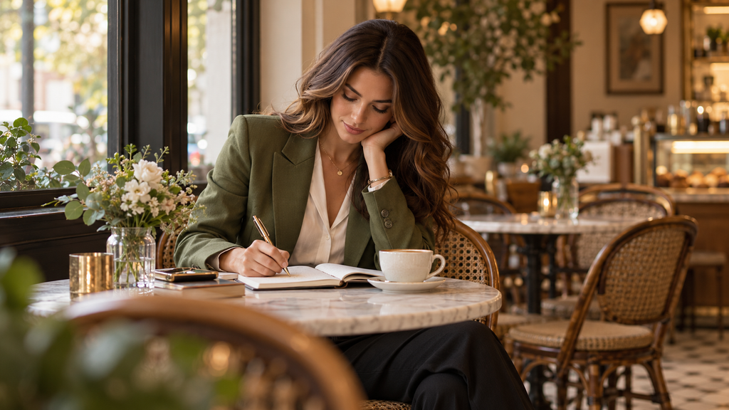 Woman writing in a notebook at a quiet café