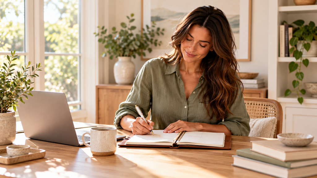 Woman organizing her daily schedule in a planner at home